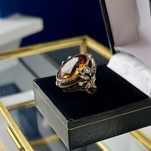 Vintage Sterling Silver Floral Filigree Ring w/ Amber-colored Stone